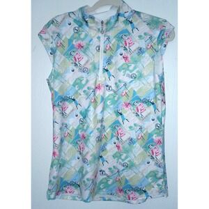 San Soleil Woman's Large Golf motif print Shirt Sleeveless 1/4 zip Performance